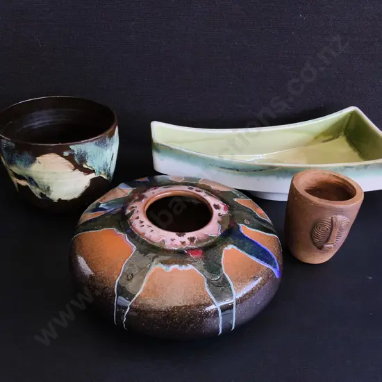 VINTAGE MID CENTURY STUDIO POTTERY, 4 PIECES, WIDEST W 34 CM