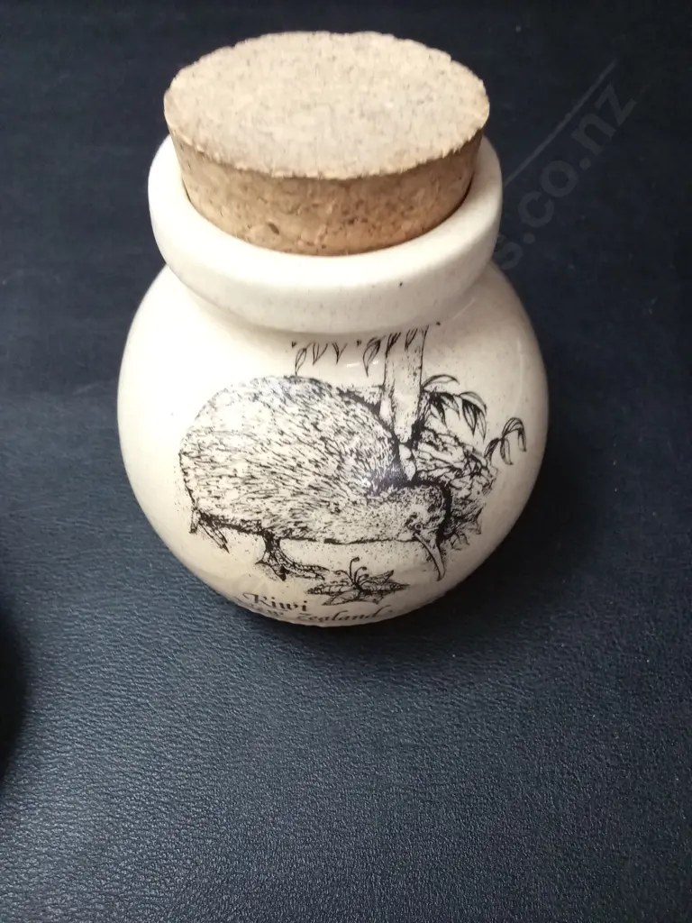 2 STEWART POTTERY LTD JARS WITH A KIWI AND SPEED SHAG H9.5CM Image 1++