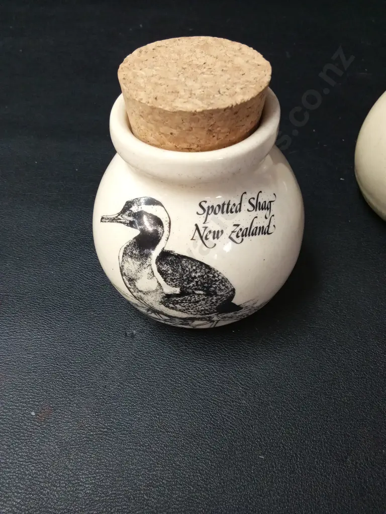 2 STEWART POTTERY LTD JARS WITH A KIWI AND SPEED SHAG H9.5CM Image 1++