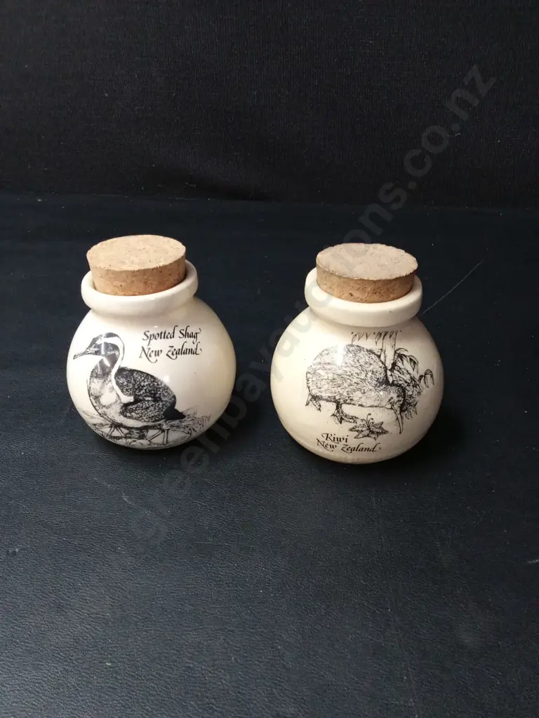 2 STEWART POTTERY LTD JARS WITH A KIWI AND SPEED SHAG H9.5CM Image 1++