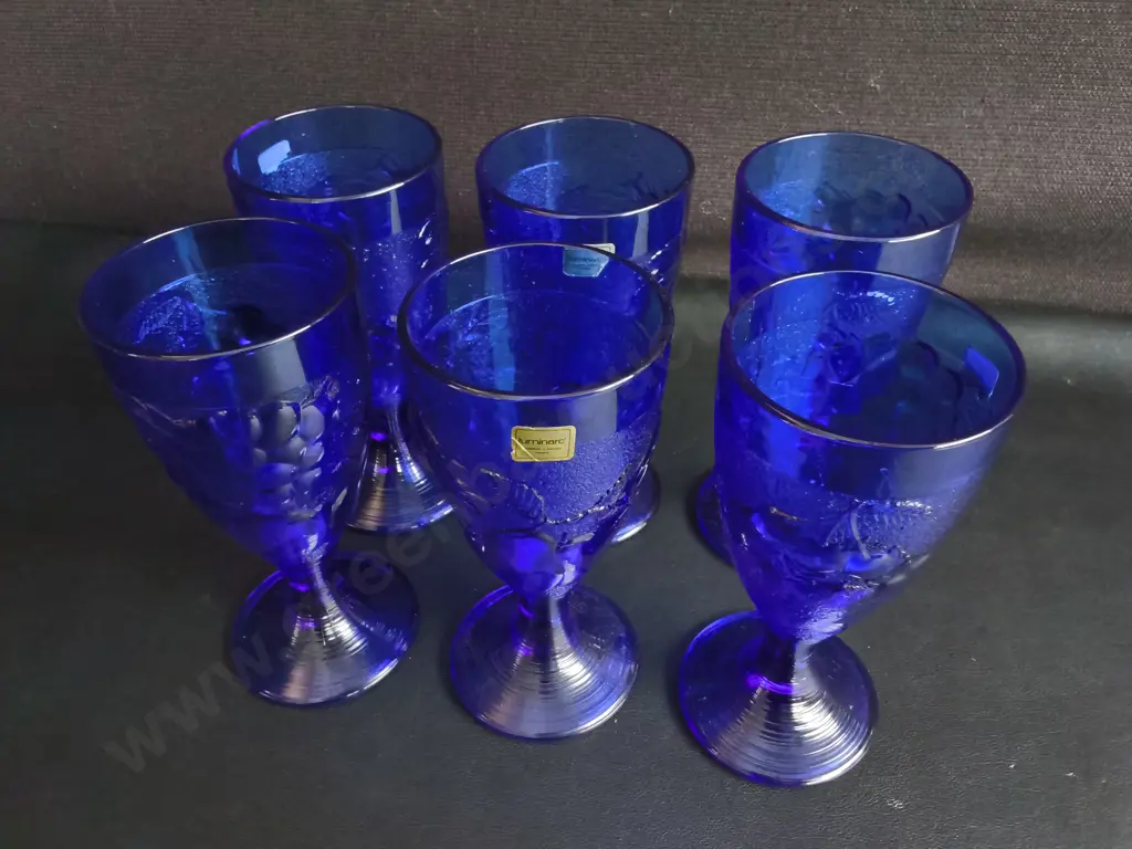 VINTAGE LUMINARC FRANCE COBALT BLUE GOBLETS, "GOURMET" EMBOSSED FRUIT DESIGN, SET OF 6, H 17 CM Image 1++