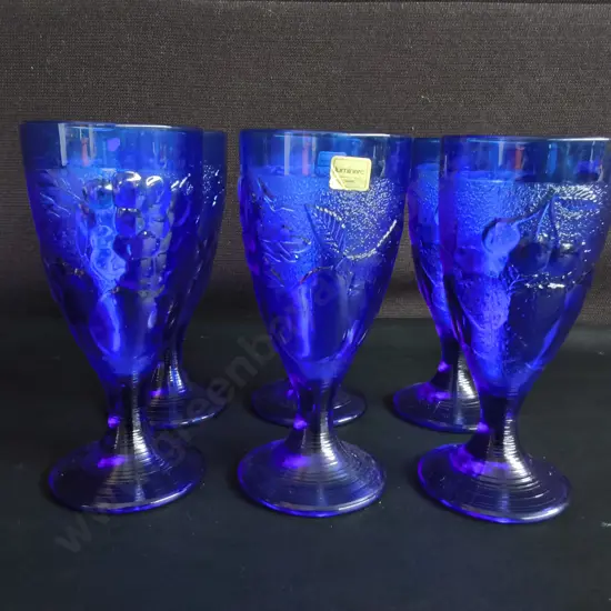 VINTAGE LUMINARC FRANCE COBALT BLUE GOBLETS, "GOURMET" EMBOSSED FRUIT DESIGN, SET OF 6, H 17 CM