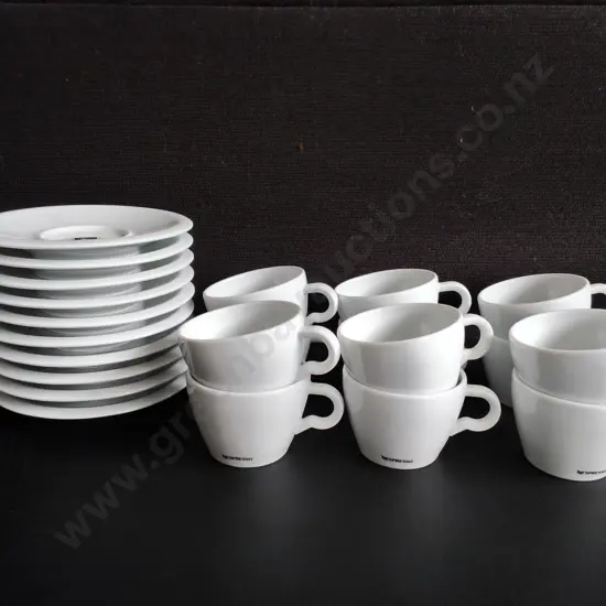 NESPRESSO PROFESSIONAL WHITE PORCELAIN ESPRESSO CUPS AND SAUCERS, 22 PIECES