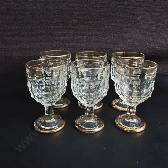 SET OF 6 VINTAGE 1950S FRENCH MOLDED GLASS LIQUEUR GLASSES, "JACOBEAN" PATTERN BY GEORGE DAVIDSON & CO, H 9 CM