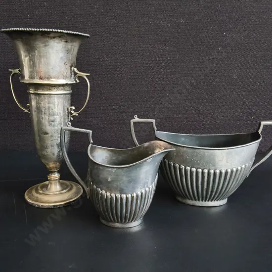 3 PIECES VINTAGE EMPIRE STYLE EPNS SILVER PLATE PEDESTAL URN, AND PITCHER/ SUGAR BOWL SET, TALLEST H 20 CM