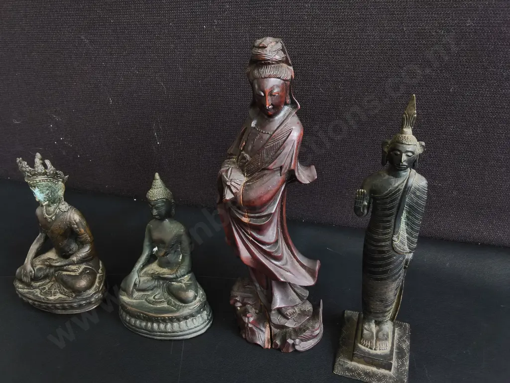 VINTAGE ASIAN FIGURINE COLLECTION, METAL AND HAND CARVED WOOD, 4 PIECES, TALLEST H 27 CM Image 1++