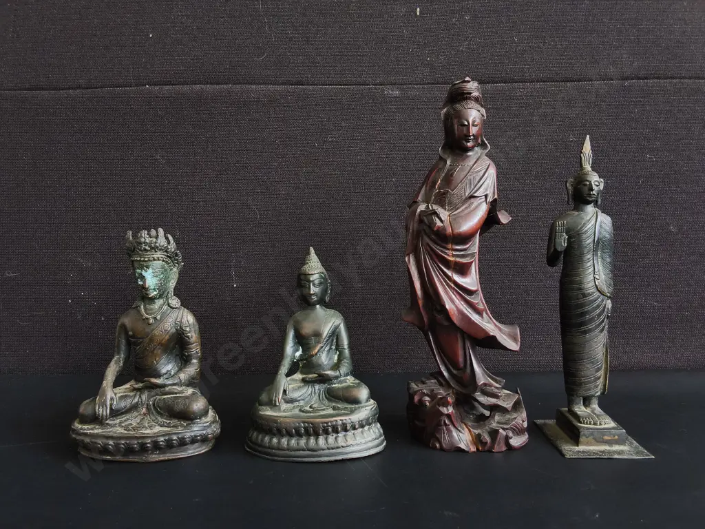 VINTAGE ASIAN FIGURINE COLLECTION, METAL AND HAND CARVED WOOD, 4 PIECES, TALLEST H 27 CM Image 1++