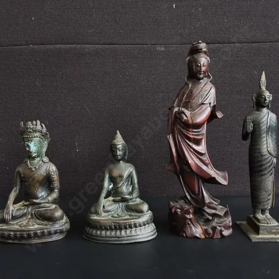 VINTAGE ASIAN FIGURINE COLLECTION, METAL AND HAND CARVED WOOD, 4 PIECES, TALLEST H 27 CM