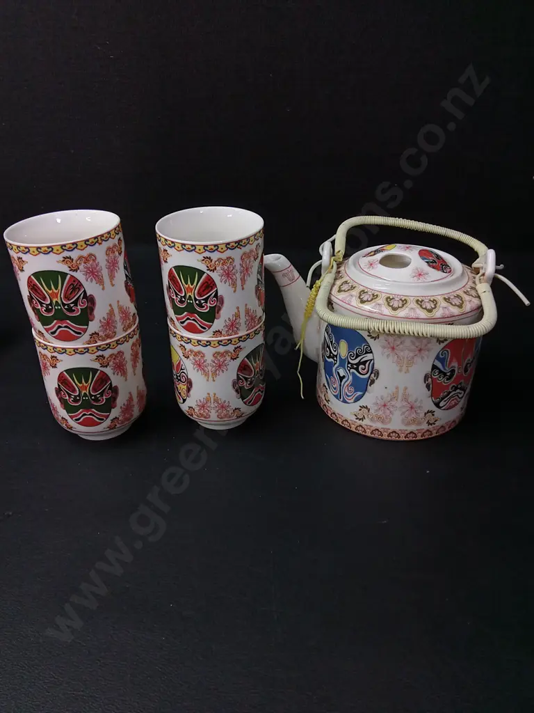 PORCELAIN CHINESE TEA SET DECORATED WITH OPERA FACE MASKS CUP H8CM Image 1++