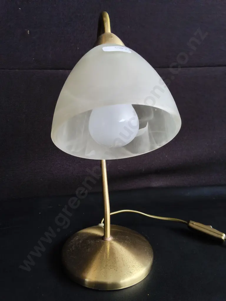 VINTAGE 1980S BRASS SWAN NECK TABLE LAMP WITH FROSTED GLASS SHADE, H 35 CM, WORKING Image 1++