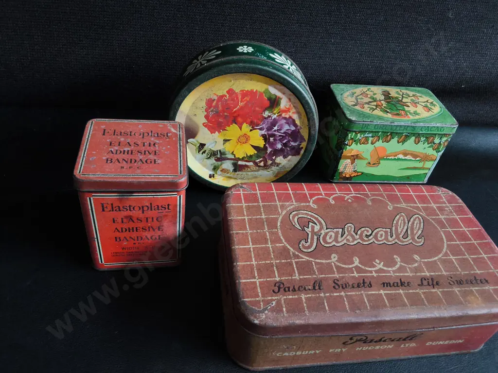 4 VINTAGE COLLECTABLE TINS, WIDEST W 20 CM Image 1++
