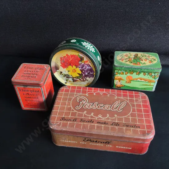 4 VINTAGE COLLECTABLE TINS, WIDEST W 20 CM