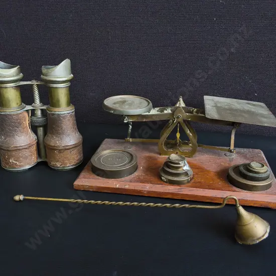 VINTAGE BRASS PORTAL SCALE WITH NESTED WEIGHTS, LEATHER OPERA BINOCULARS, AND CANDLE SNUFFER, TALLEST H 15 CM