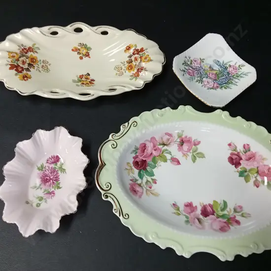4 VINTAGE DISHES LARGEST L25.5CM INCLUDING ROYAL ALBERT, ROYAL STRAFFORDSHIRE, ADDERLEY FLORAL