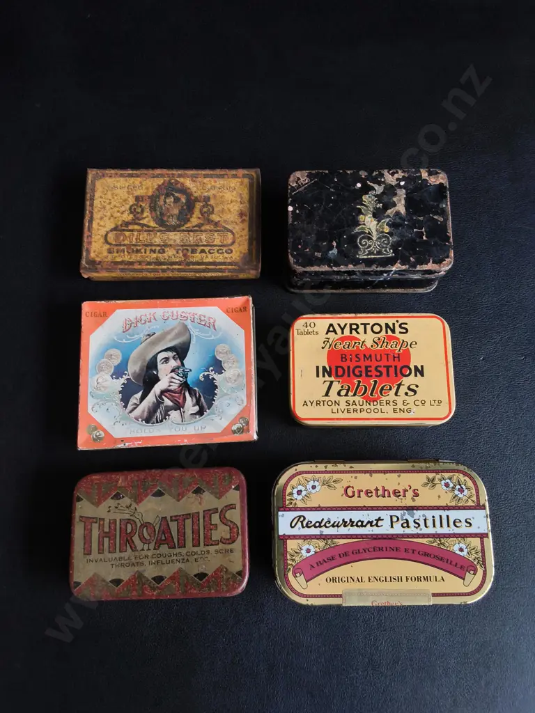 COLLECTION OF 6 VINTAGE AND ANTIQUE ADVERTISING AND MEDICINAL TINS, WIDEST W 9.5 CM Image 1++