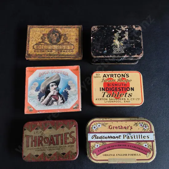 COLLECTION OF 6 VINTAGE AND ANTIQUE ADVERTISING AND MEDICINAL TINS, WIDEST W 9.5 CM
