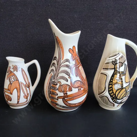 VINTAGE STUDIO ANNA AUSTRALIA POTTERY JUG SET, MID CENTURY HAND PAINTED CERAMICS, 3 PIECES, TALLEST H 23 CM
