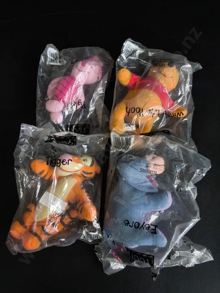 SET OF 4 VINTAGE WINNIE THE POOH PLUSH TOYS, 1990S MCDONALD'S PROMOTIONAL TOYS, SEALED IN ORIGINAL PACKAGING Image 1++