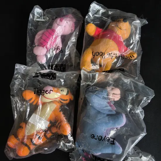 SET OF 4 VINTAGE WINNIE THE POOH PLUSH TOYS, 1990S MCDONALD'S PROMOTIONAL TOYS, SEALED IN ORIGINAL PACKAGING