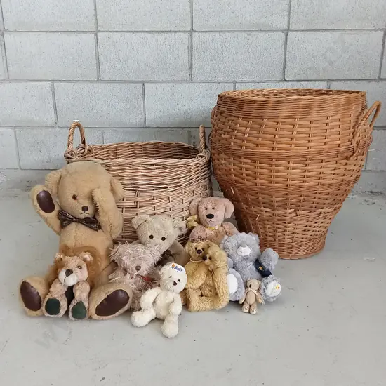 TWO BASKET HAMPERS AND TEDDY BEAR COLLECTION, RIGHT HAMPER IS 52CM TALL