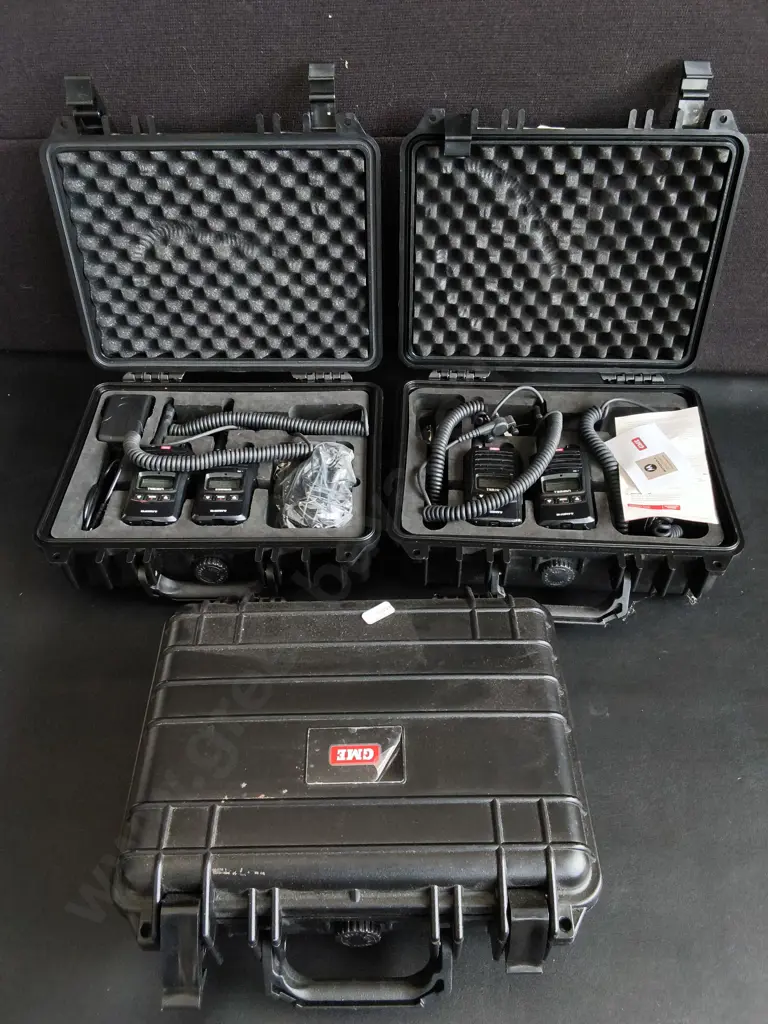 GME HANDHELD RADIO KITS, 2 CASES INCLUDINGBPAIRS OF RADIOS, AND ONE EMPTY CASE Image 1++