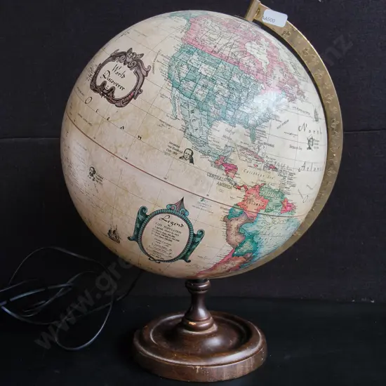 VINTAGE REPLOGLE WORLD CLASS SERIES GLOBE WITH WOODEN BASE, GLOBE IS LOOSE FROM BASE, H 43 CM
