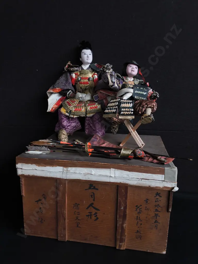 ANTIQUE JAPANESE MUSHA NINGYŌ WARRIOR DOLLS, EMPEROR ŌJIN SET, TAISHŌ PERIOD, DATED 1920 Image 1++
