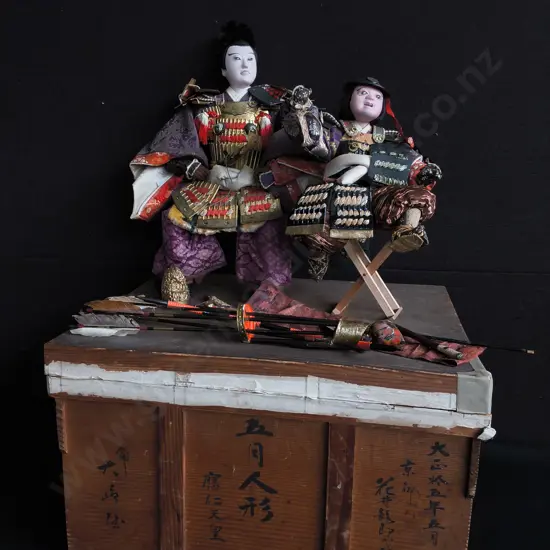 ANTIQUE JAPANESE MUSHA NINGYŌ WARRIOR DOLLS, EMPEROR ŌJIN SET, TAISHŌ PERIOD, DATED 1920
