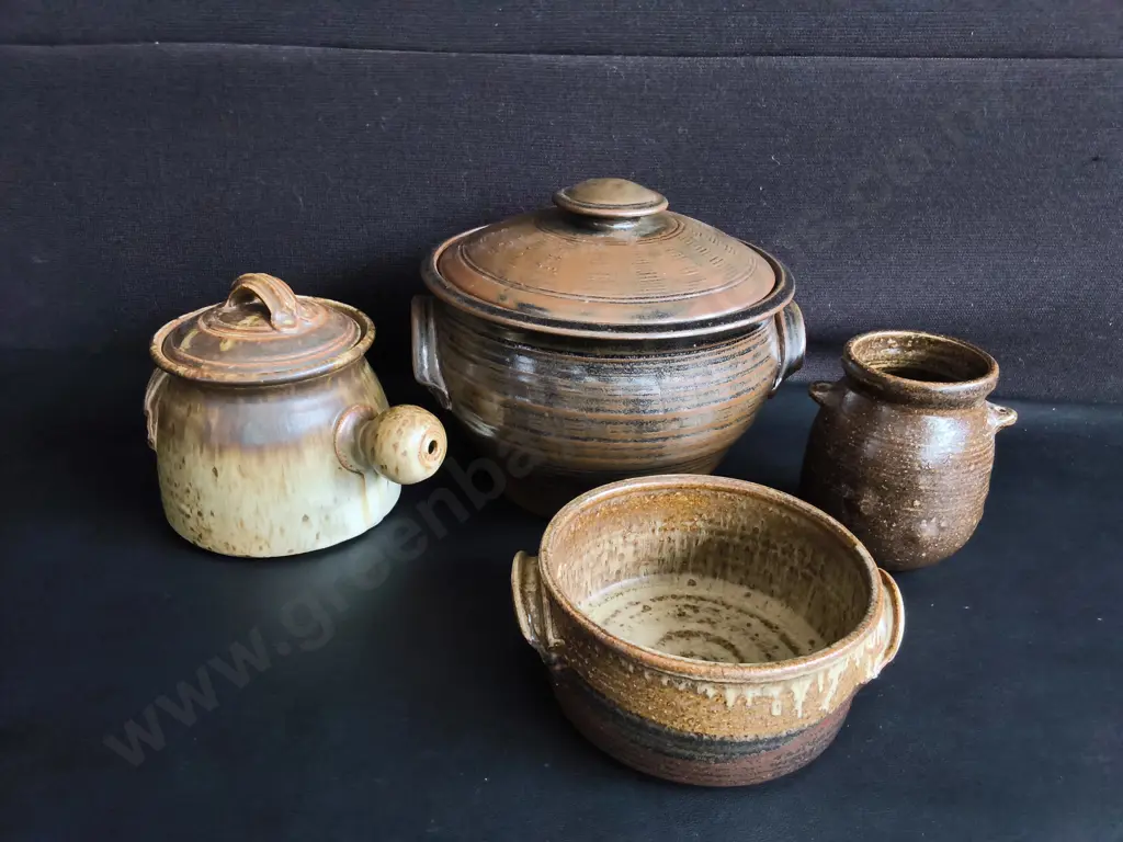 VINTAGE STUDIO POTTERY COLLECTION, MID CENTURY STONEWARE, 4 PIECES, TALLEST H 23 CM Image 1++