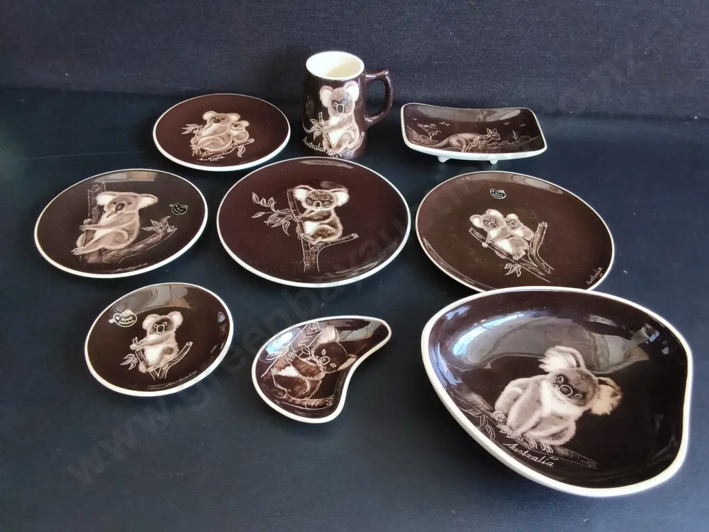 VINTAGE 9 PIECE THE LITTLE SYDNEY POTTERY AUSTRALIANA KOALA CERAMIC SET, LILO PAKULSKI, TALLEST H 10 CM Image 1++