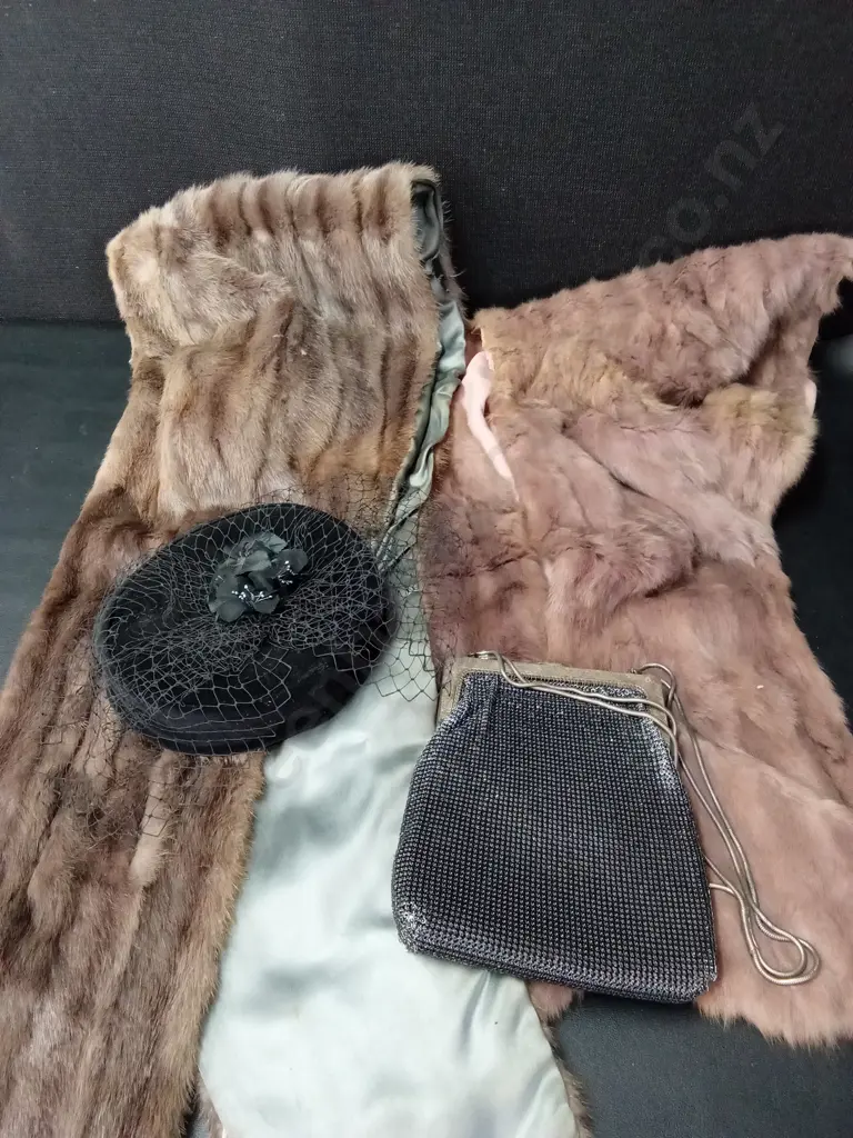 2 VINTAGE FUR FORMAL WRAPS, OROTON BAG AND A VELVET PILLBOX HAT Image 1++