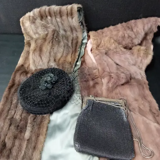 2 VINTAGE FUR FORMAL WRAPS, OROTON BAG AND A VELVET PILLBOX HAT