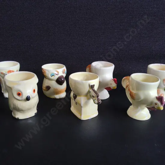 VINTAGE MID CENTURY ANIMAL EGG CUPS, 7 PIECES, MADE IN ENGLAND KEELE STREET, TALLEST H 6.5 CM