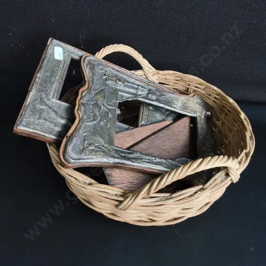 VINTAGE ART NOUVEAU SILVER PLATED PHOTOGRAPH FRAMES AND WICKER BASKET