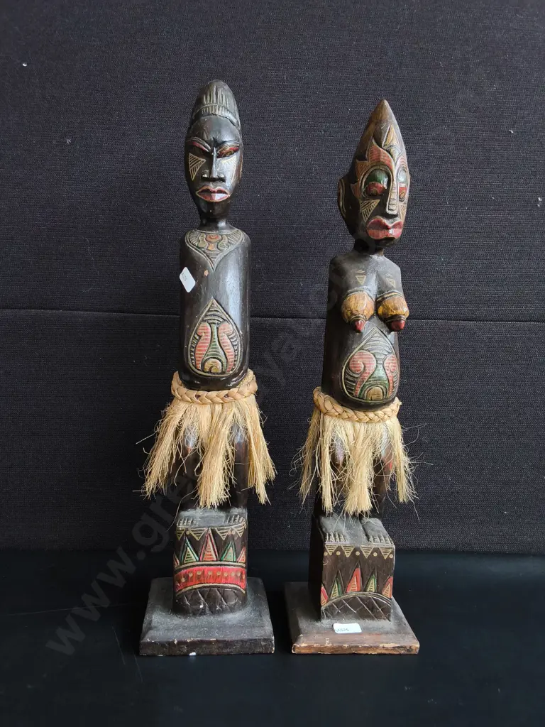 VINTAGE PAIR OF AFRICAN STYLE HAND CARVED WOOD TRIBAL STATUES, MALE AND FEMALE FOLK ART FIGURES WITH RAFFIA SKIRTS Image 1++