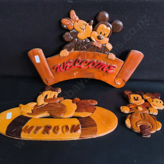VINTAGE DISNEY WOOD INTARSIA WALL PLAQUE SIGNS, 3 PIECES, WIDEST W 41 CM