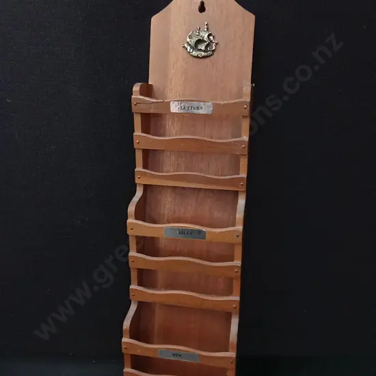 VINTAGE WOODEN WALL MOUNTED MAIL AND BILL ORGANISER H55CM