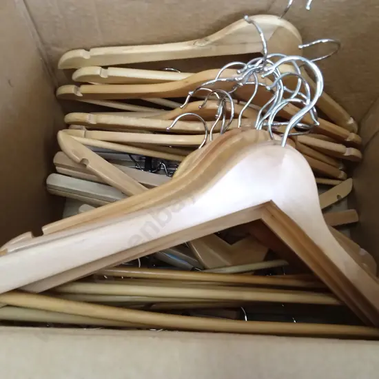 BOX OF WOODEN COAT HANGERS