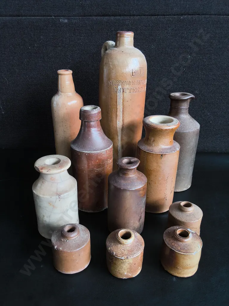 COLLECTION OF 11 ANTIQUE SALT GLAZED STONEWARE BOTTLES AND INKWELLS, TALLEST H 27 CM Image 1++