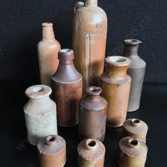 COLLECTION OF 11 ANTIQUE SALT GLAZED STONEWARE BOTTLES AND INKWELLS, TALLEST H 27 CM