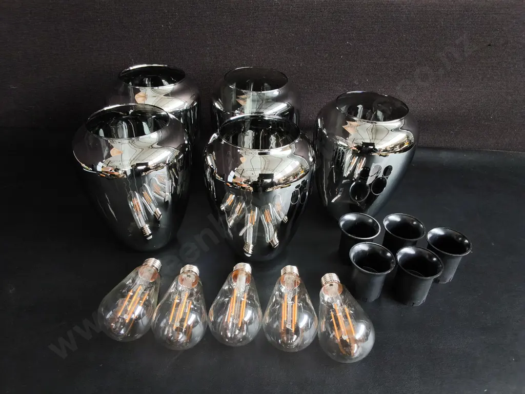 SET OF 5 SMOKE CHROME GLASS PENDANT LIGHT SHADES, INCLUDING BULBS, H 20 CM Image 1++