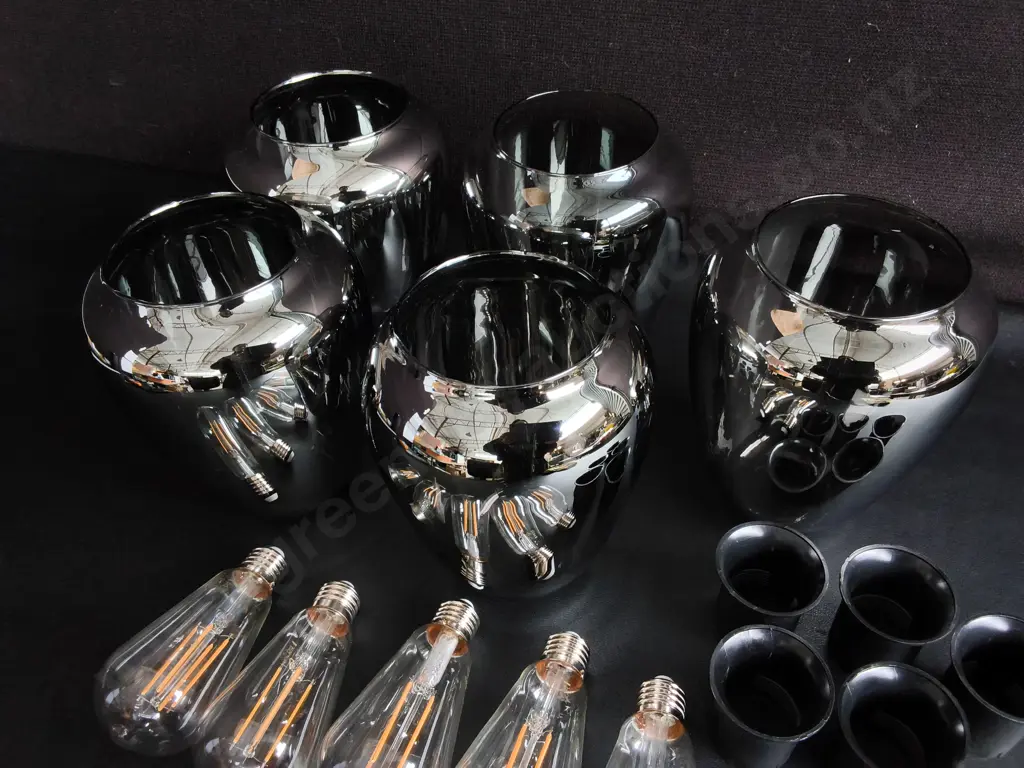 SET OF 5 SMOKE CHROME GLASS PENDANT LIGHT SHADES, INCLUDING BULBS, H 20 CM Image 1++