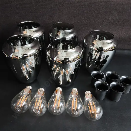 SET OF 5 SMOKE CHROME GLASS PENDANT LIGHT SHADES, INCLUDING BULBS, H 20 CM