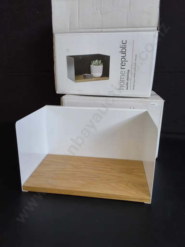 PAIR OF BRAND NEW METAL AND OAK VEENER SHELVING, BOXED Image 1++