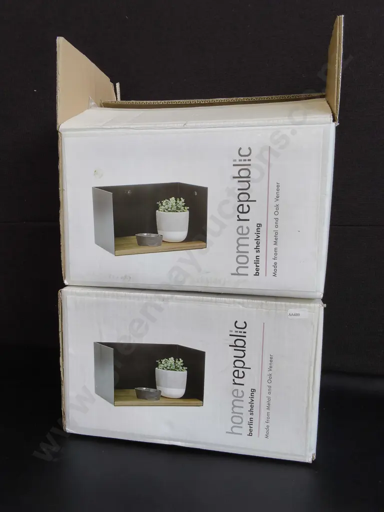 PAIR OF BRAND NEW METAL AND OAK VEENER SHELVING, BOXED Image 1++