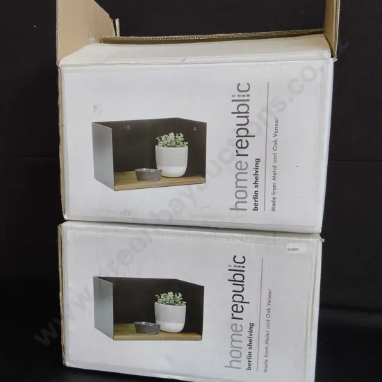 PAIR OF BRAND NEW METAL AND OAK VEENER SHELVING, BOXED