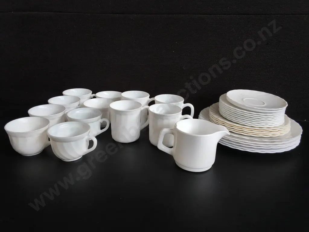 VINTAGE ARCOPAL FRANCE WHITE OPAL GLASS COFFEE MUG AND TEA SET, 34 PIECES Image 1++