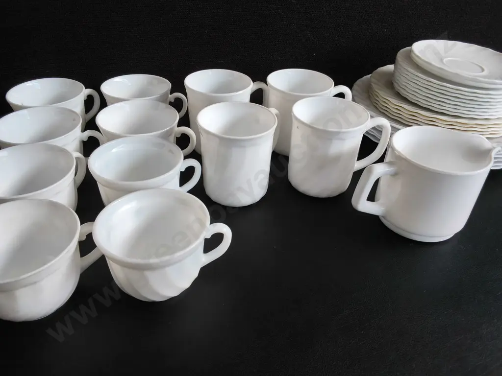 VINTAGE ARCOPAL FRANCE WHITE OPAL GLASS COFFEE MUG AND TEA SET, 34 PIECES Image 1++