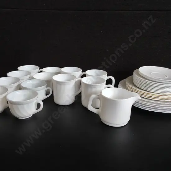 VINTAGE ARCOPAL FRANCE WHITE OPAL GLASS COFFEE MUG AND TEA SET, 34 PIECES
