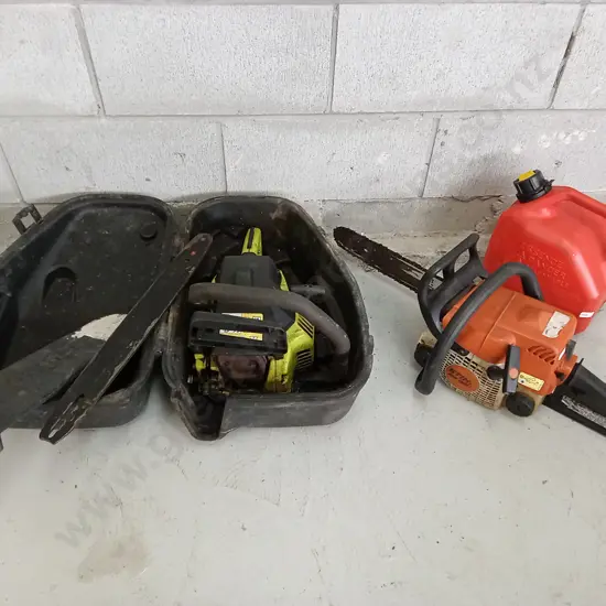 STIHL MS 180C PETROL CHAINSAW AND 2ND CHAINSAW IN CASE WITH PETROL JERRY CAN